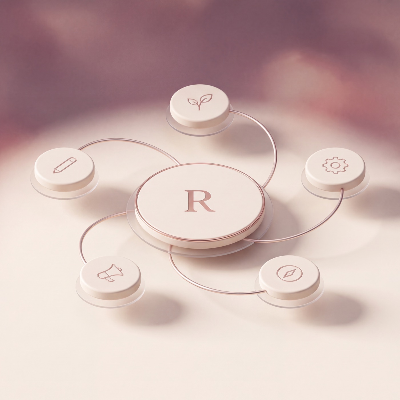 Five ceramic discs engraved with a pencil, megaphone, compass, gear, and leaf, each connected by thin rose-gold curves to a central ceramic platform carrying a rose-gold R — every capability connecting through Respredica.